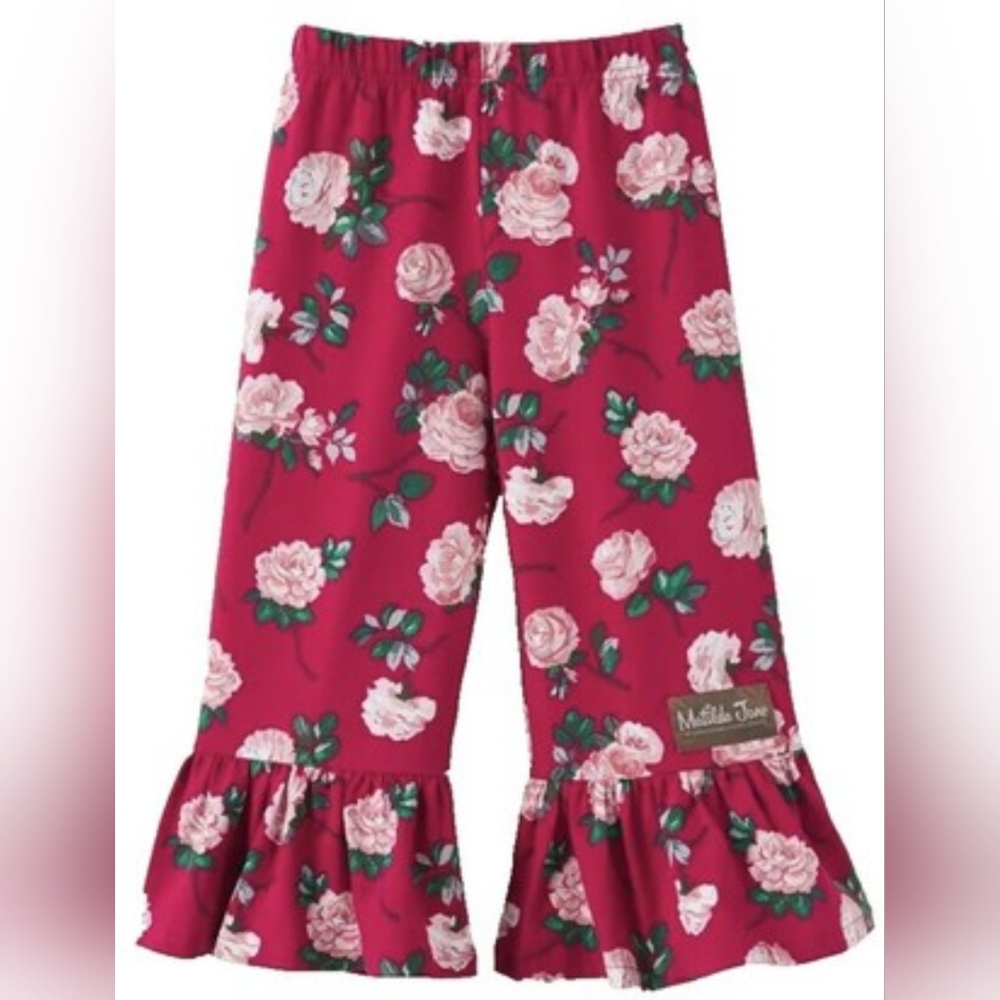 #1865 Matilda Jane Floral Kids Rose Bud Ruffle  Bottoms - Pink and Green Sz.S(4)